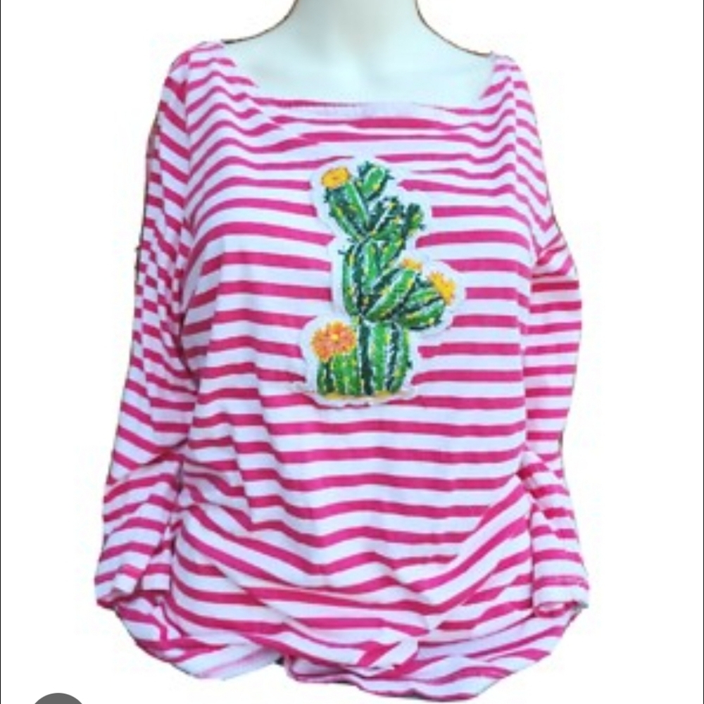 Hillard & Hanson Pink Striped Cactus Embroidered Long Sleeve Top